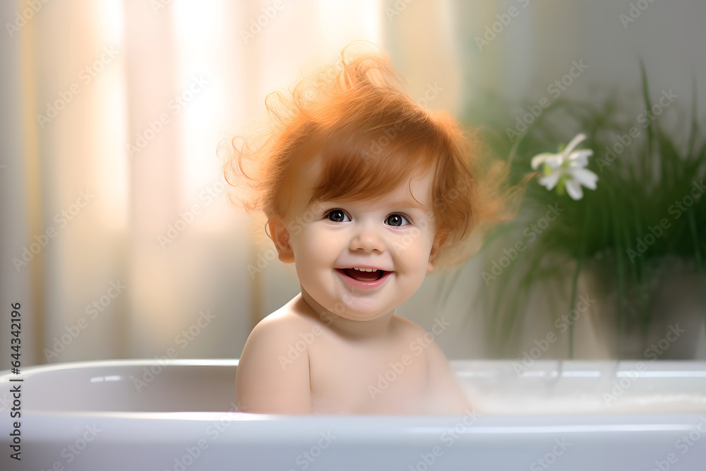 Cute baby having fun in bathtub plays with bubbles, happy baby taking a bath in the tub splashes water while bathing Cute baby having fun in bathtub plays with bubbles, happy baby taking a bath in the tub splashes water while bathing