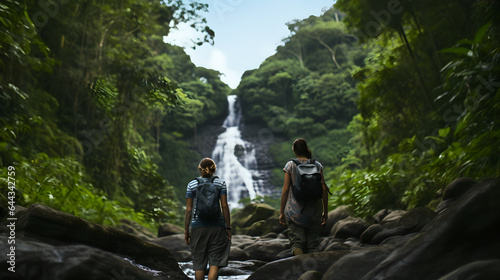 Adventure travelers exploring amazing hidden waterfall in forest, Traveling along mountains and rain forest