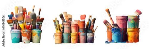 Colorful paint buckets and brushes isolated on a transparent background in an image