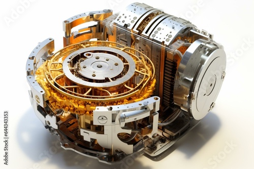 3D illustration of quantum computer with gold and silver mechanism on white background. Keywords: quantum, computing, cryptography, steampunk, q bits, parallel. Generative AI