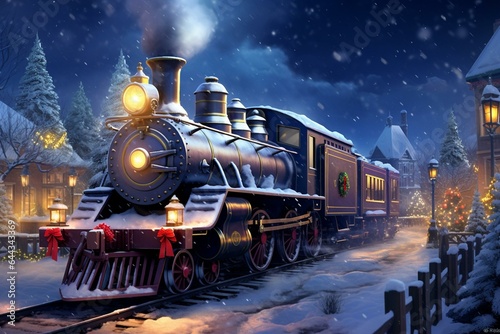 Nighttime scene of a snow-covered locomotive, creating a magical Christmas fairytale ambiance. Generative AI