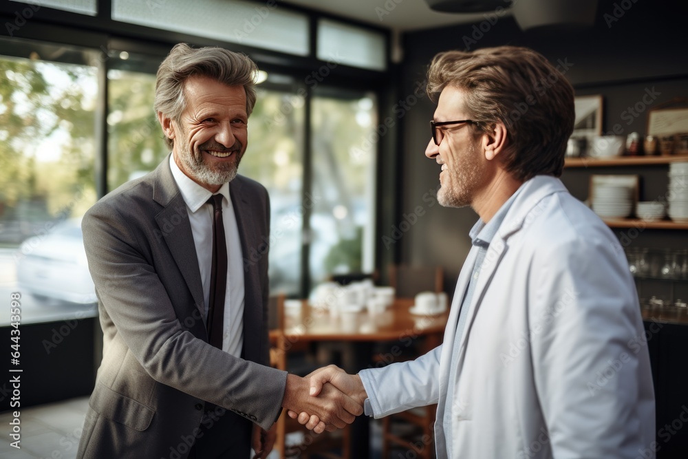 Doctor and patient happy shaking hands and laughing