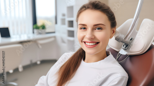 Portrait of young woman with beautiful smile at dentist clinics, woman with gorgeous smile sitting in dental chair at medical center