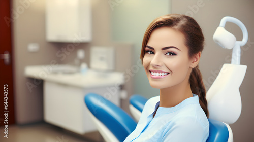 Portrait of young woman with beautiful smile at dentist clinics, woman with gorgeous smile sitting in dental chair at medical center