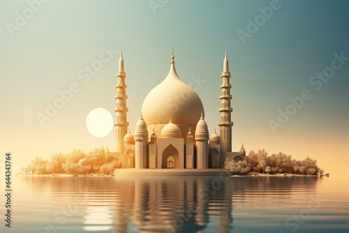 3D mosque in Arabic style with sun, sea, and Ramadan Kareem festive vibe. Generative AI © Miriam