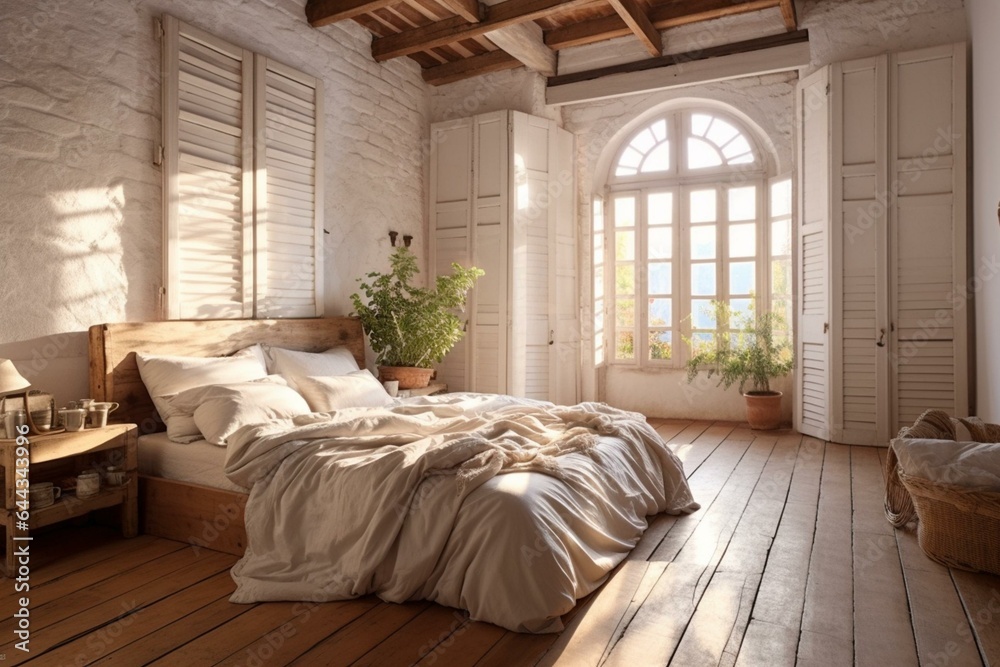 Fototapeta premium Whitewashed wooden country bedroom with shuttered windows, parquet floor & cozy bedding outlined from above. Generative AI