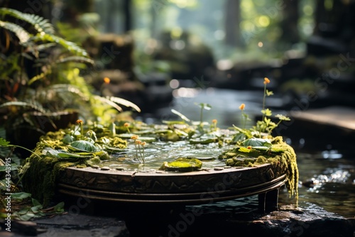 Stone platform for product presentation with green plants in the garden  selective focus and shallow depth of field. Decoration of the garden on the rock. Beautiful waterfall in the background