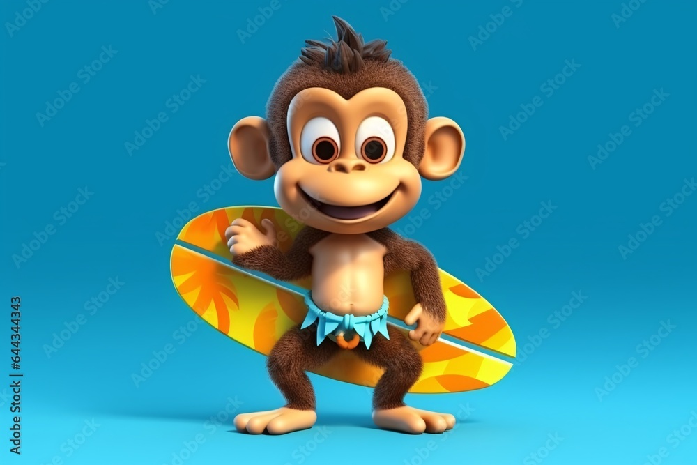 Cartoon monkey with surfboard on blue background. 3D illustration Cartoon monkey with surfboard on blue background. 3D illustration
