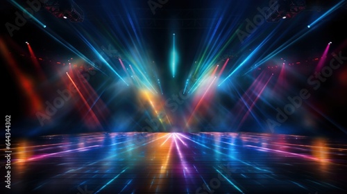 Abstract of empty stage with colorful spotlights or Several bright projectors for scene lighting effects background.