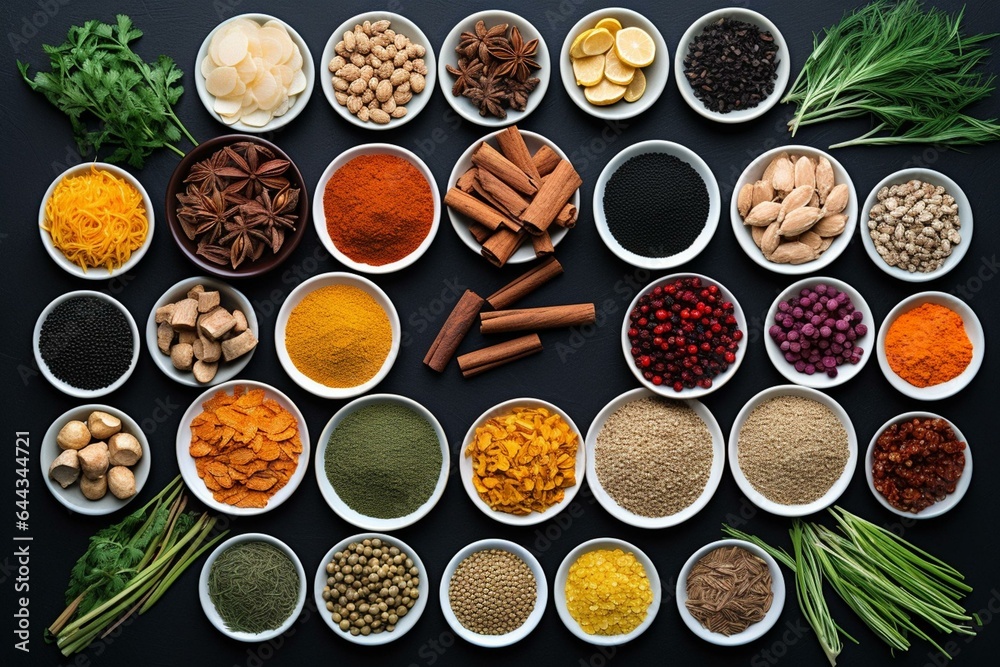 Assortment of healthy superfoods in porcelain bowls, including supplements, herbs, and spices for Chinese medicine. Flat lay. Generative AI