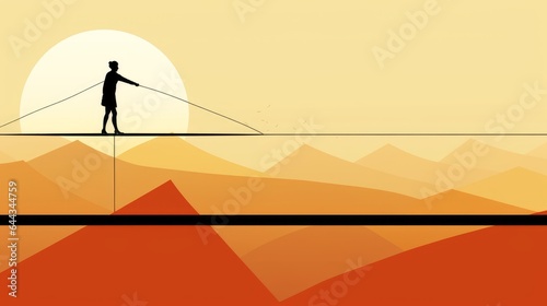 Minimalistic 2D Illustration of a Risk vs. Reward: A minimalist tightrope walker balancing between "risk" and "reward." 