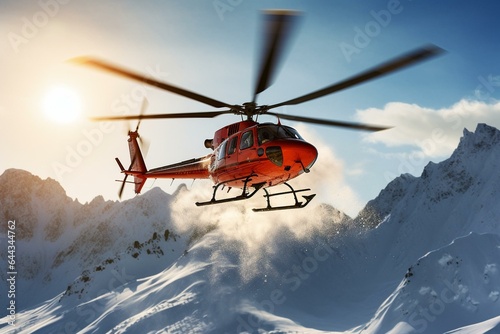 Helicopter lifts off snowy Alaskan mountain for heli-skiing. Generative AI
