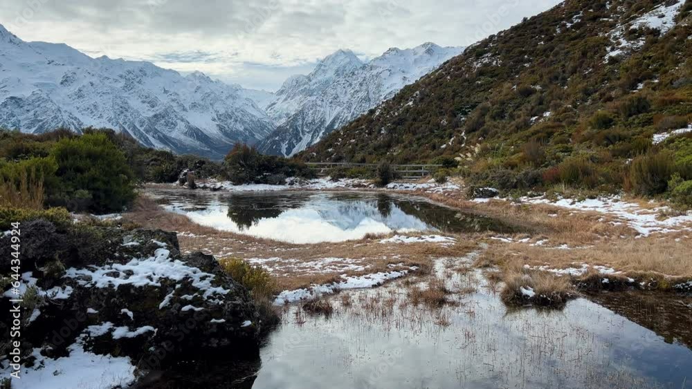 Light layer of snow at alpine ponds: steady shot of southern alps of New Zealand Light layer of snow at alpine ponds: steady shot of southern alps of New Zealand