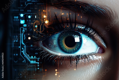 Close-up of a technology enhanced human eye, very detailed beatitful eye with long eyelashes