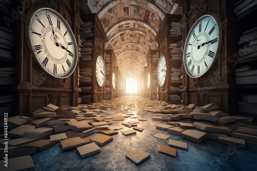 A lengthy corridor lined with books and a clock in the center. More books are scattered on the floor. Generative AI