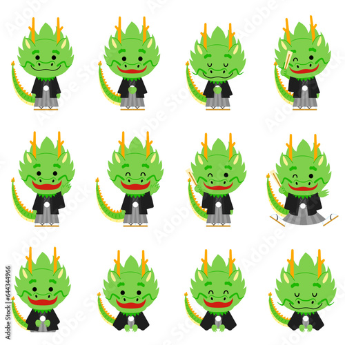 紋付袴を着たかわいい龍セット