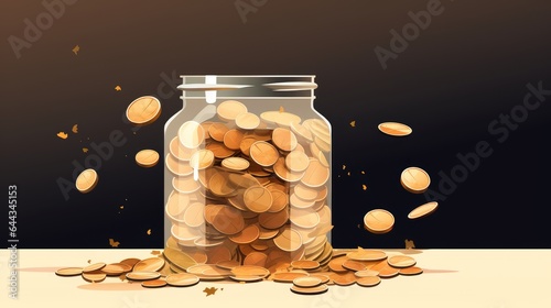 Minimalistic 2D Illustration of a Savings Jar: A transparent jar filled with coins, symbolizing personal savings photo
