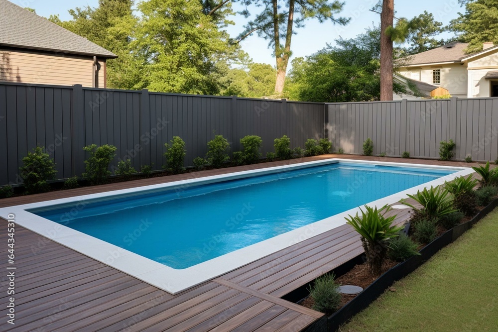 A rectangular pool with a fence and tan edges in a backyard of a new house. Generative AI