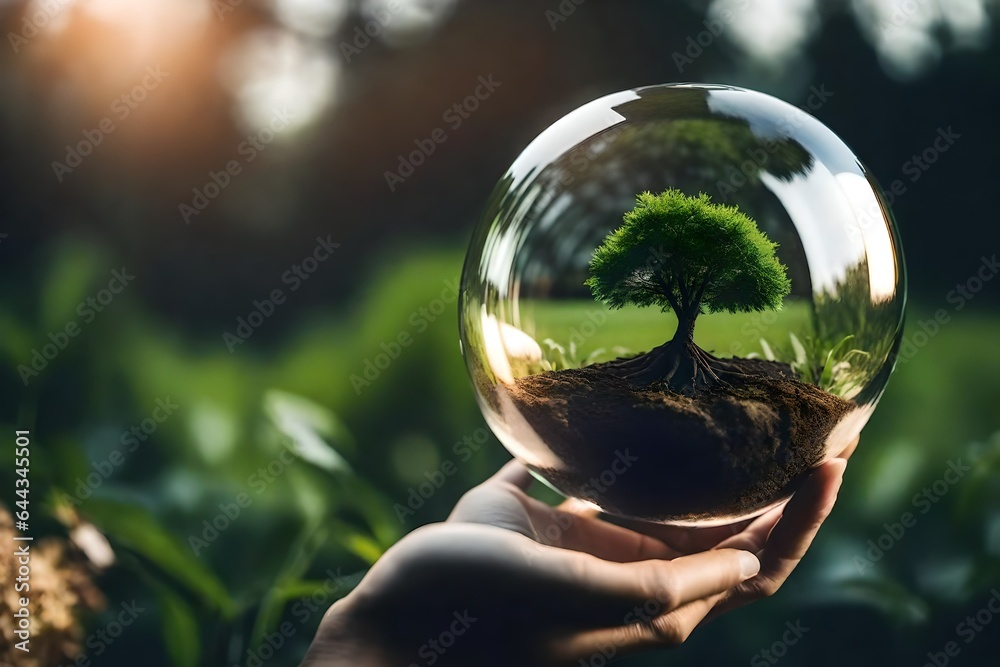 Human hand holding glass ball with tree  powerful symbol of environmental conservation and sustainability