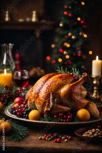 Stampa su tela Christmas roasted turkey with cranberries and oranges on rustic wooden table