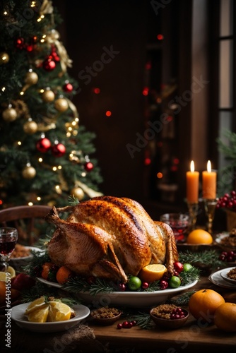 Christmas roasted turkey with cranberries and oranges on rustic wooden table