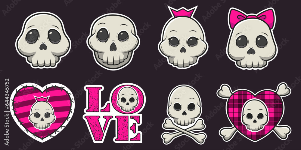 Set of stickers of cute kawaii skulls. Skull with bow, skull with crown, emo skulls. Vector illustration Set of stickers of cute kawaii skulls. Skull with bow, skull with crown, emo skulls. Vector illustration