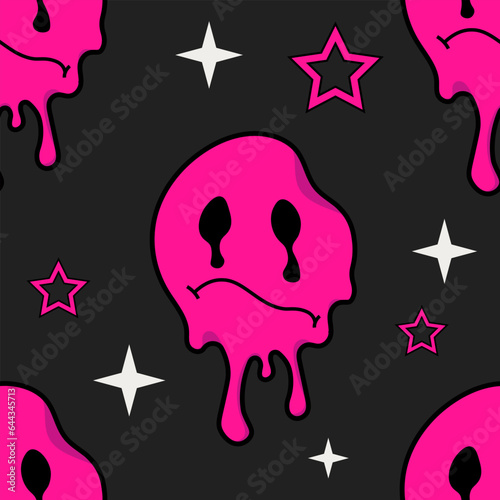 Vászonkép Emo pattern on a black background with an acid pink sad smile and stars