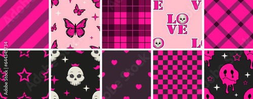 Set of trendy emo patterns of the 2000s in black and acid pink colors. Pattern with skulls, hearts, stars, butterflies, sad flowing smile