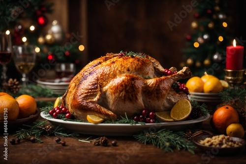 Christmas roasted turkey with cranberries and oranges on rustic wooden table