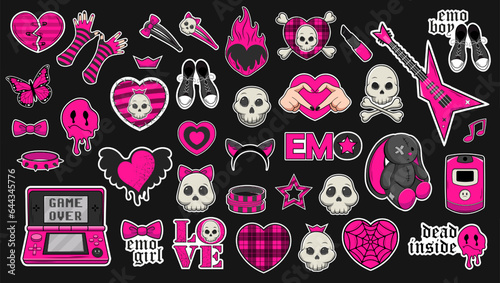 Set of trendy emo stickers in black and acid pink colors. Emo attributes, skulls, sad emoticons, hearts with patterns, game console with game over, clothing items