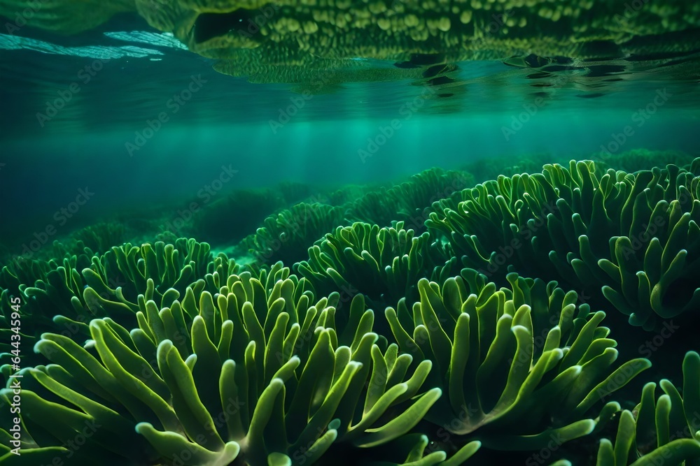 Fototapeta premium Underwater view of a group of seabed with green seagrass concept about nature