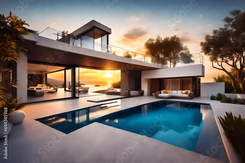  Modern Luxury home with  pool at sunrise, contemporary villa architecture  Concept about home © Mahreen