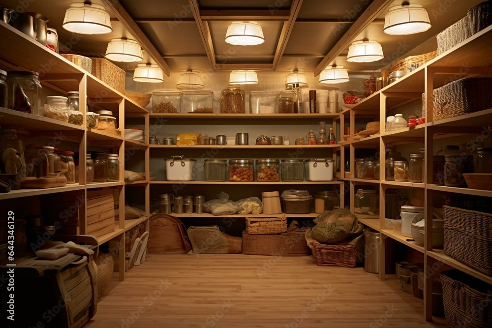 Interior of a pantry with boxes on shelves, storage applications, lamps under ceiling, and various boxes. Generative AI