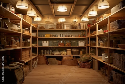 Interior of a pantry with boxes on shelves, storage applications, lamps under ceiling, and various boxes. Generative AI
