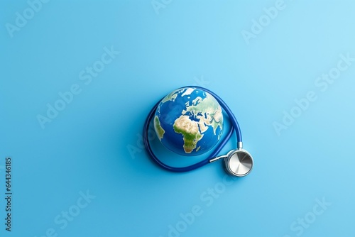 Symbol of global health, blue background, stethoscope, World Health Day. Generative AI