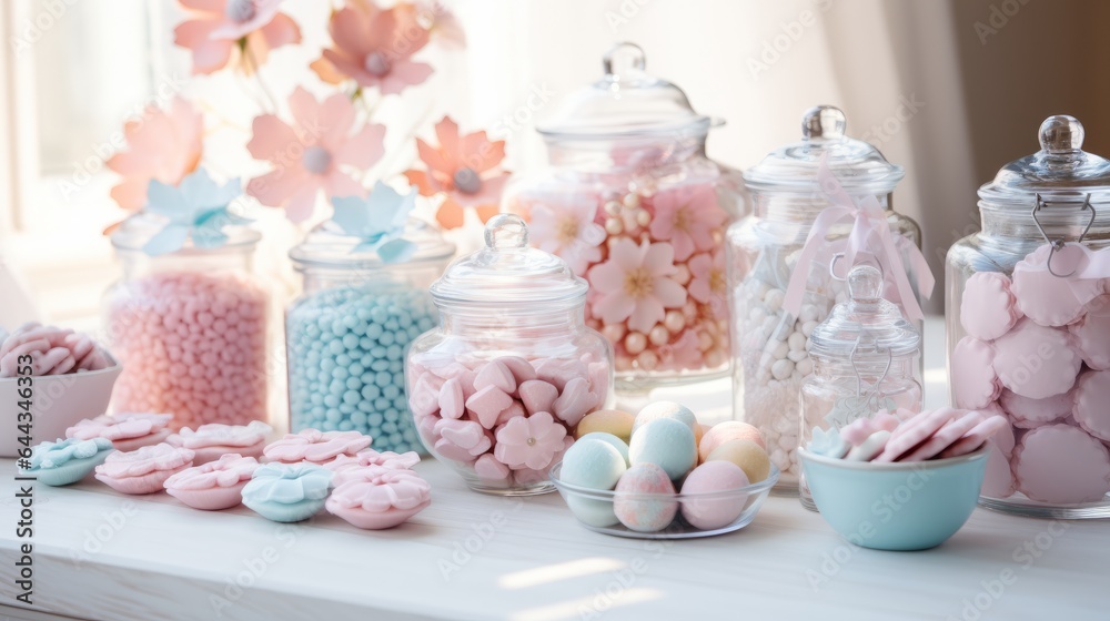 Photo of a colourful display of candy-filled glass jars on a table ready for a baby shower - created with Generative AI technology Photo of a colourful display of candy-filled glass jars on a table ready for a baby shower - created with Generative AI technology