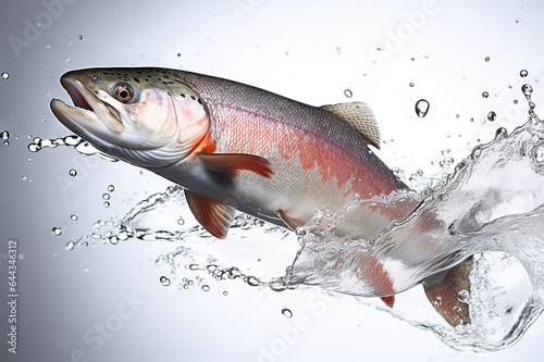 Graceful Leap Salmon in Mid-Air, Captured Against a Pristine White Backdrop. created with Generative AI © photobuay