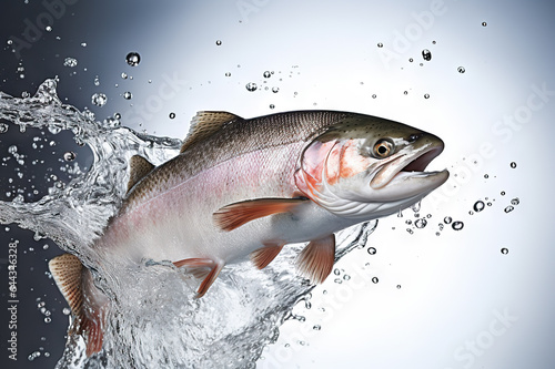 Graceful Leap Salmon in Mid-Air, Captured Against a Pristine White Backdrop. created with Generative AI © photobuay