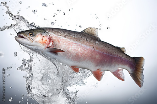 Graceful Leap Salmon in Mid-Air, Captured Against a Pristine White Backdrop. created with Generative AI