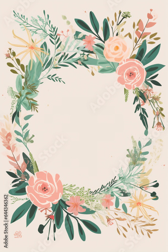 Colorful floral decoration illustration background template, creative arrangement of nature and flowers. Good for banner, wedding card invitation draft, greetings, and design element. Generative AI. © Riocool
