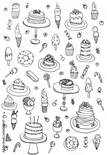 Sketch icons illustration, set of desserts and bakery products, colouring page of sweets.