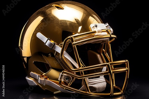 A golden metallic American football helmet. Generative AI