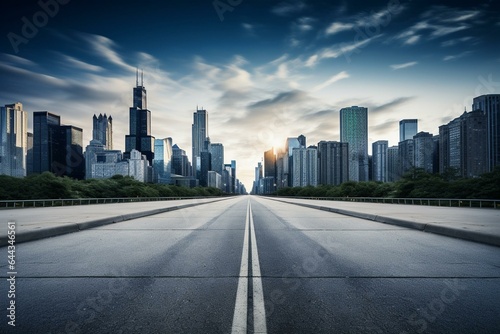 Empty road in Chicago with cityscape  symbolizing success  logistics  and fast delivery. Generative AI