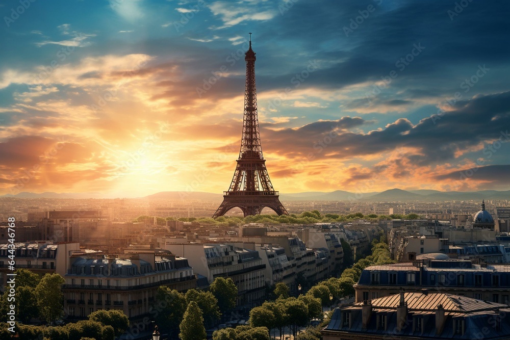 Cityscape of Paris with iconic Eiffel Tower dominating the background. Generative AI