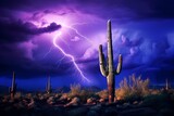 Saguaro cactus in lightning storm against a purple sky in Phoenix, Arizona. Generative AI