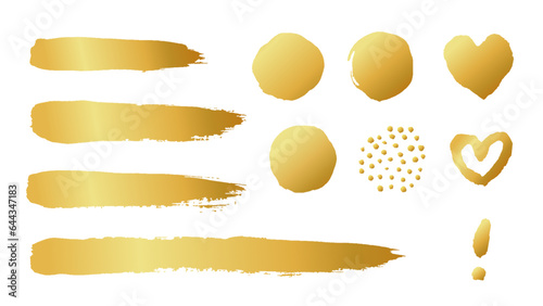 金の墨で塗りつぶしたブラシの線や円などのグラフィック素材セット