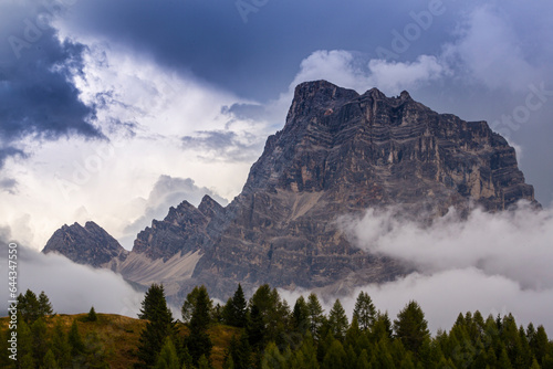 Landscape in the Dolomite Mountains, Italy, in summer, with dramatic storm clouds