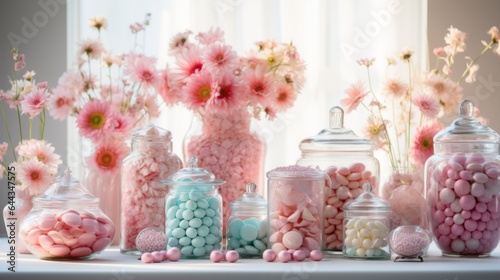 Photo of a colourful display of candy-filled glass jars on a table ready for a baby shower - created with Generative AI technology