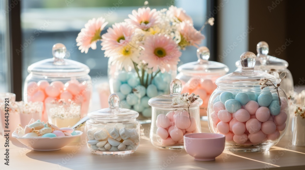 Photo of a colourful display of candy-filled glass jars on a table ready for a baby shower - created with Generative AI technology Photo of a colourful display of candy-filled glass jars on a table ready for a baby shower - created with Generative AI technology