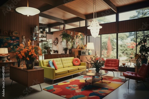 Interior of a mid-century modern house from the 1950s  showcasing vintage floral decor. Generative AI